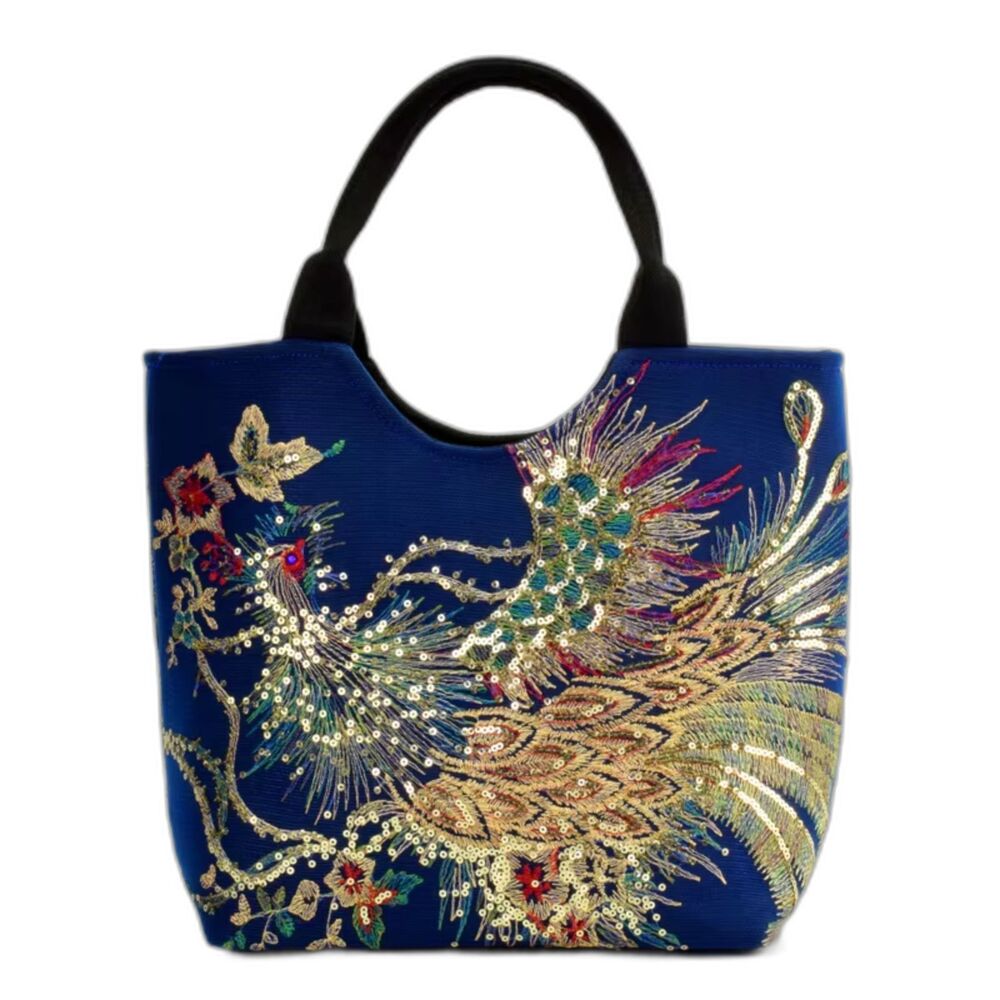 Ethnic Style Peacock Embroidered Tote Bag, Sequin Canvas Handmade Purse